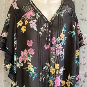 3X Zac & Rachel Black Floral Shirt blouse Top